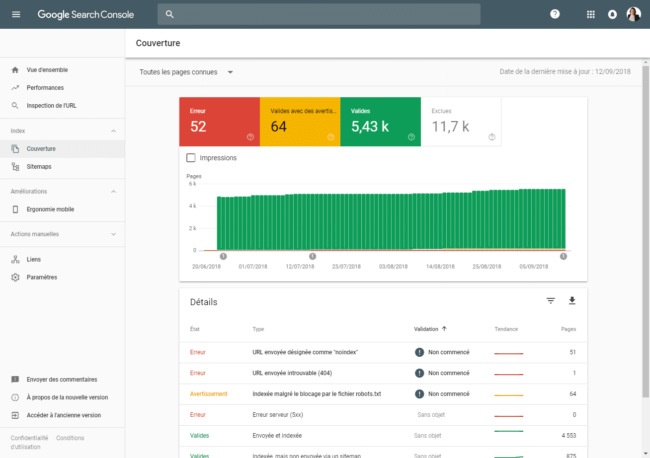 Google Search Console : Couverture